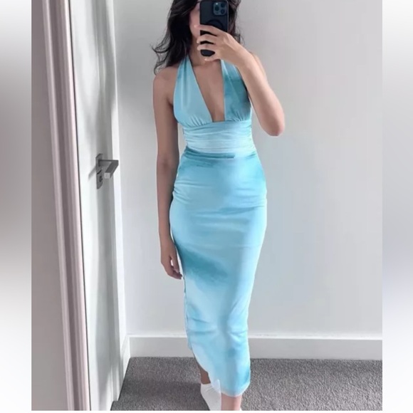 ZARA NEW WOMAN SS24 GREENS PRINTED TULLE HALTER DRESS - Picture 1 of 15